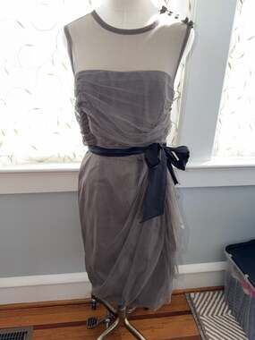 White by Vera Wang Charcoal Gray Bobbin Net Dress w/ Illusion Neckline and Sash